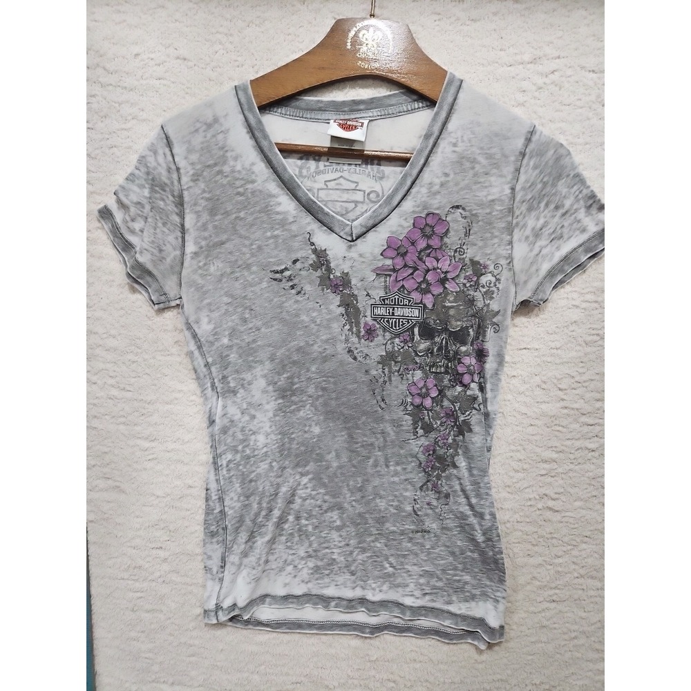 Harley Davidson Shirt Women Med Branson, MO Gray Puple Flowers Scull